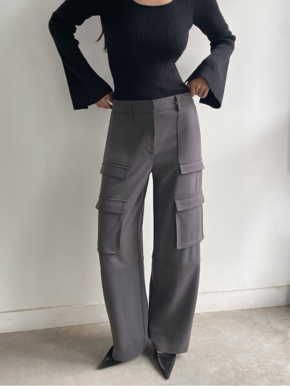 Oak + Fort Wide Leg Cargo Pant Size 8 Grey